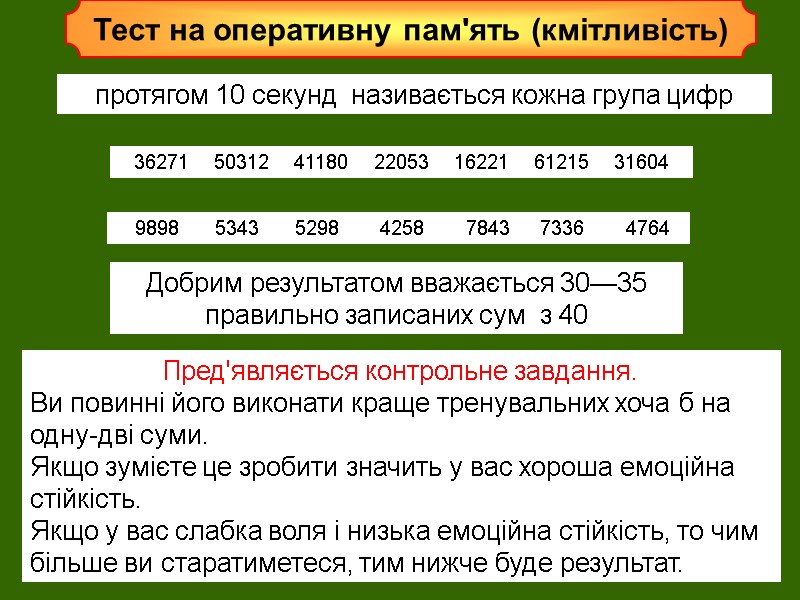 Тест на оперативну пам'ять (кмітливість) протягом 10 секунд  називається кожна група цифр 36271